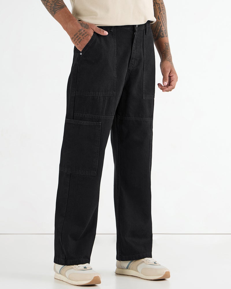 bewakoof Men's Black Washed Baggy Fit Carpenter Jeans - Image 2